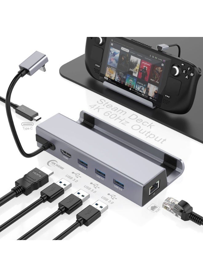 6-in-1 Steam Deck Docking Station with 4K@60Hz HDMI, Gigabit Ethernet, 3 USB 3.0 Ports & 100W USB-C PD Charging, Aluminum Alloy Hub for Steam Deck, ROG Ally, Tablets, Mobile Devices